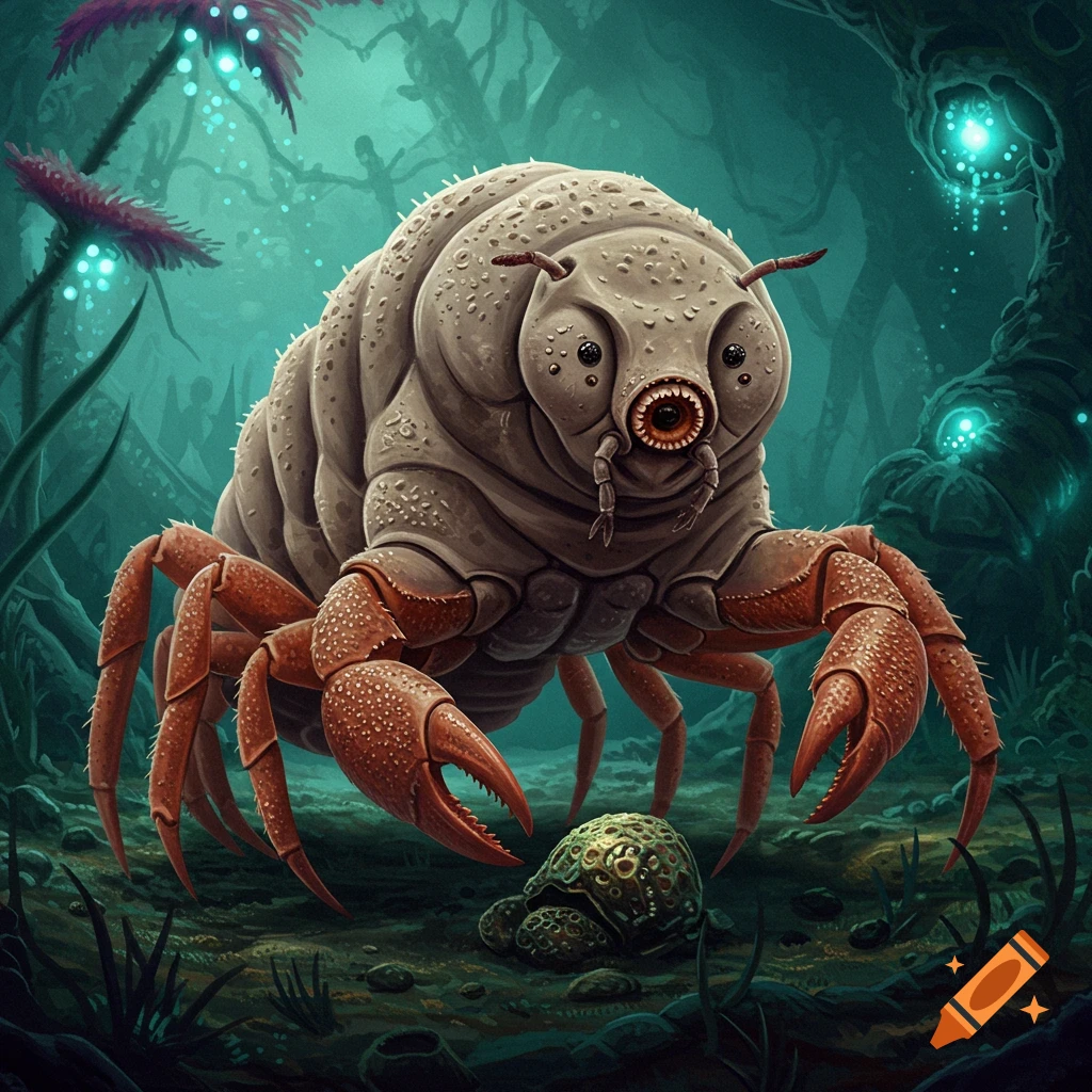 A creature combining a tardigrade and a crab stands in a dark forest.