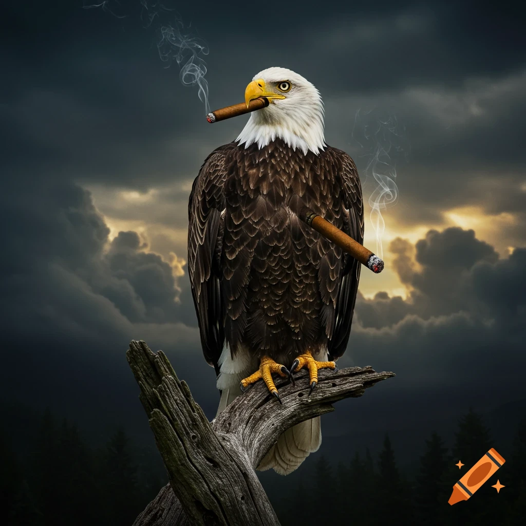 A photorealistic image of a bald eagle perched on a branch, smoking two cigars against a dramatic cloudy sky.