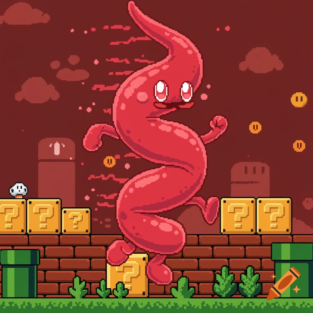 Pixel art of a red worm-like creature with a mustache running in a Super Mario Bros. style level.