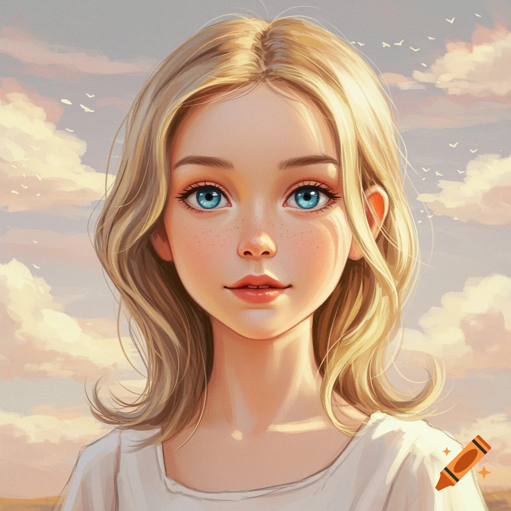 Stylized portrait illustration of a young girl with blonde hair and bright blue eyes against a cloudy sky.