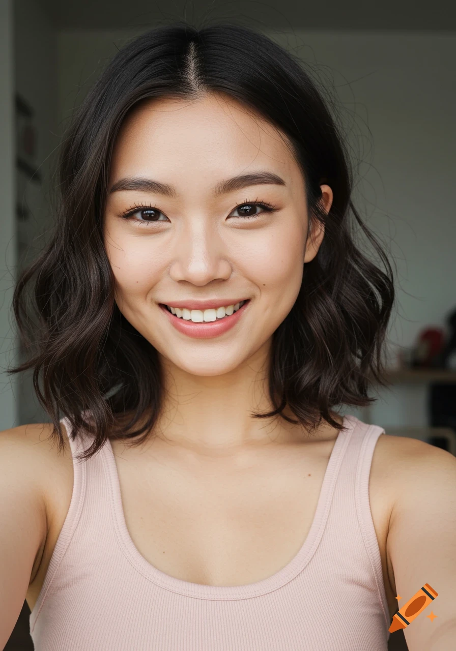 Close-up portrait of a young woman smiling in a pink tank top.