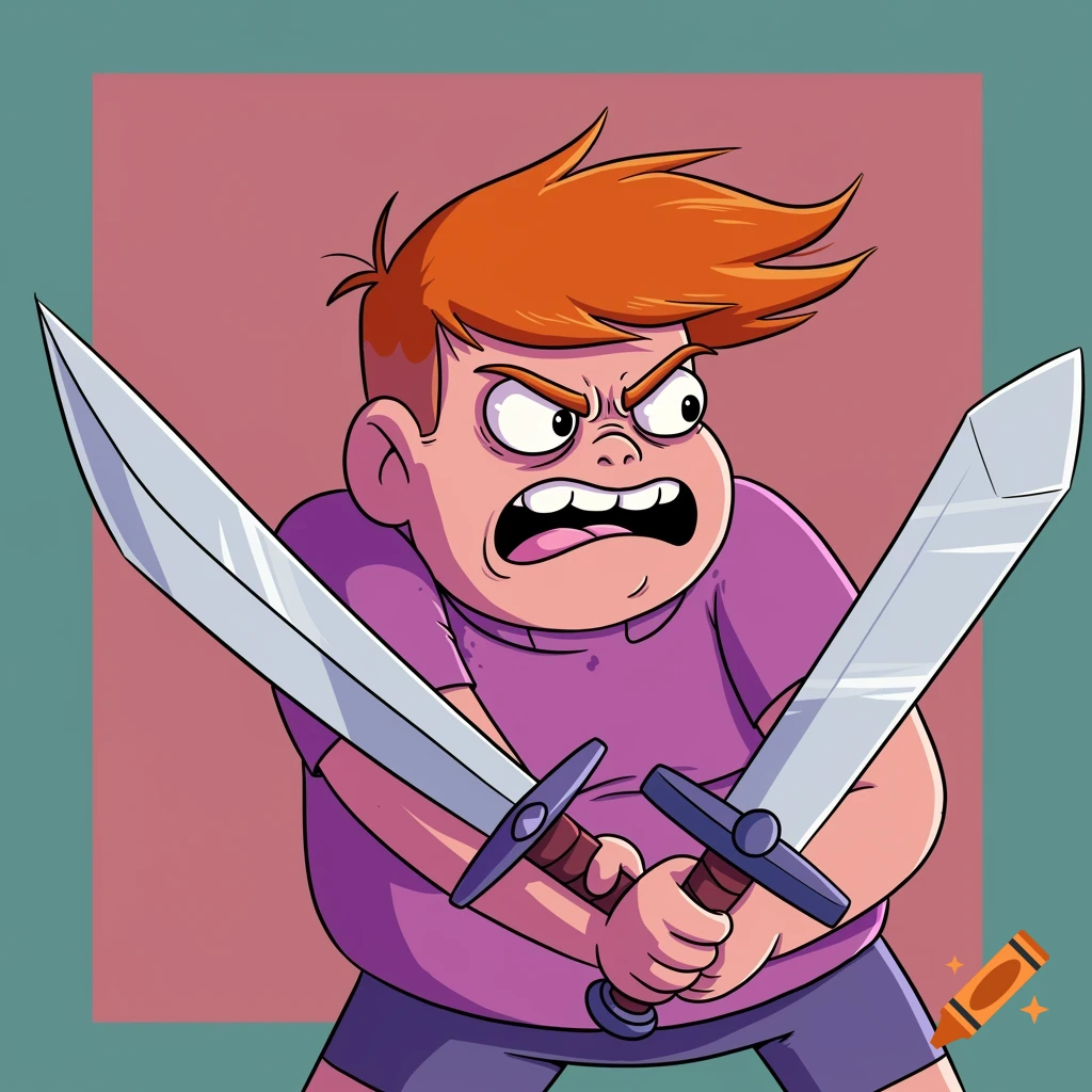 An angry cartoon boy with red hair holds two swords crossed in front of him.