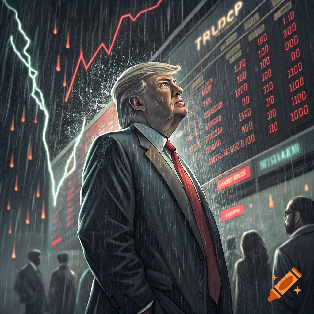 Illustration of Donald Trump watching a stock market crash in heavy rain.