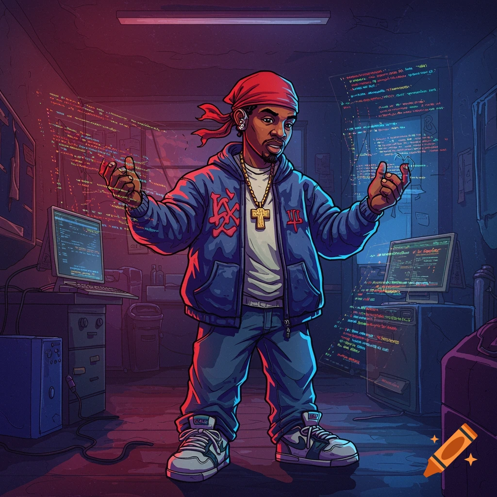Cartoon man in bandana and hoodie in a computer room with floating code.