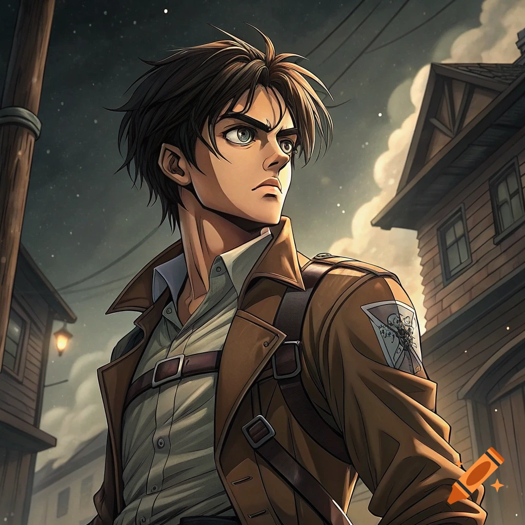 Anime portrait of Eren Yeager from Attack on Titan looking into the distance in a town setting.