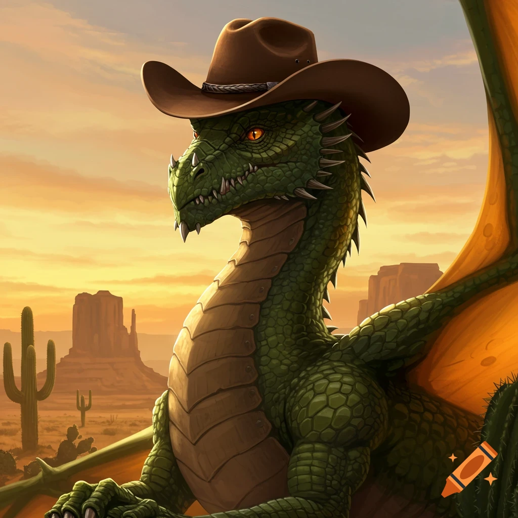 A green dragon wears a cowboy hat in a desert landscape.