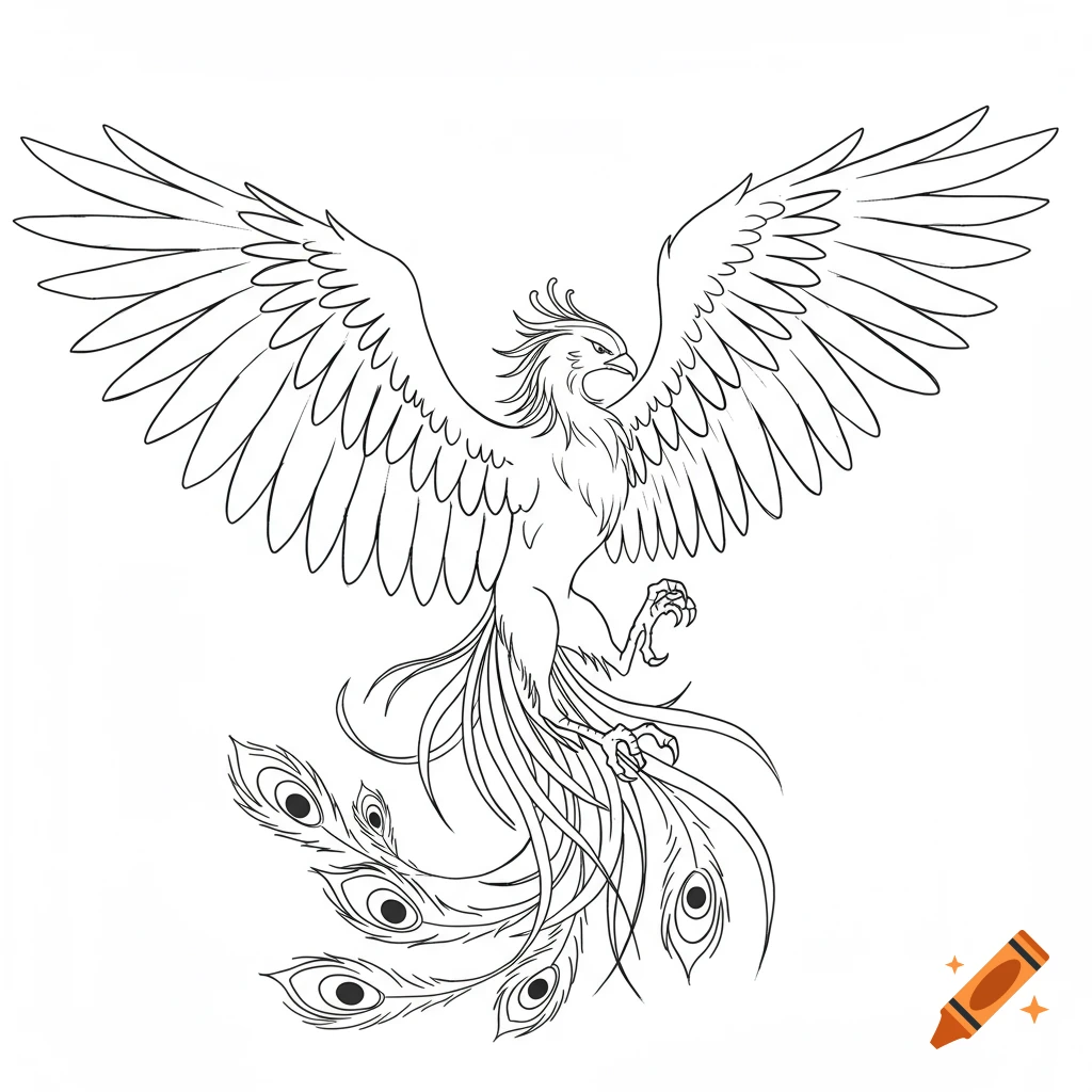 A line drawing of a phoenix with outstretched wings and tail feathers.