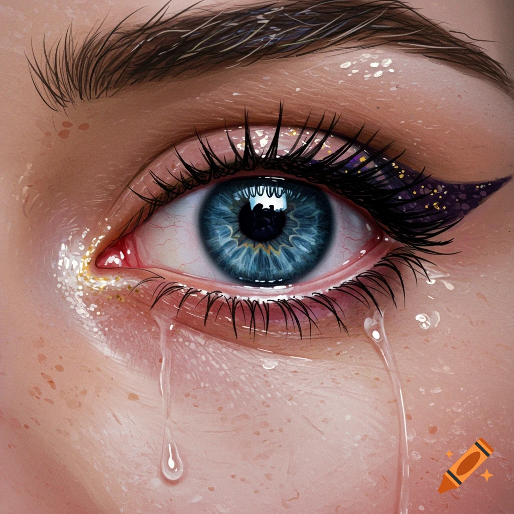 Close-up illustration of a blue eye crying with tears and glittery makeup.