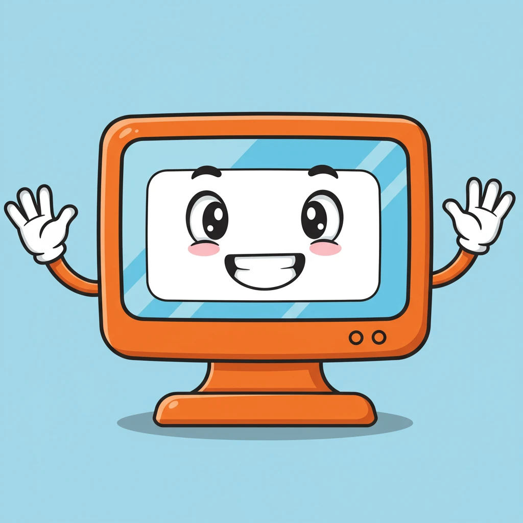 Cartoon computer with a smile and logo area