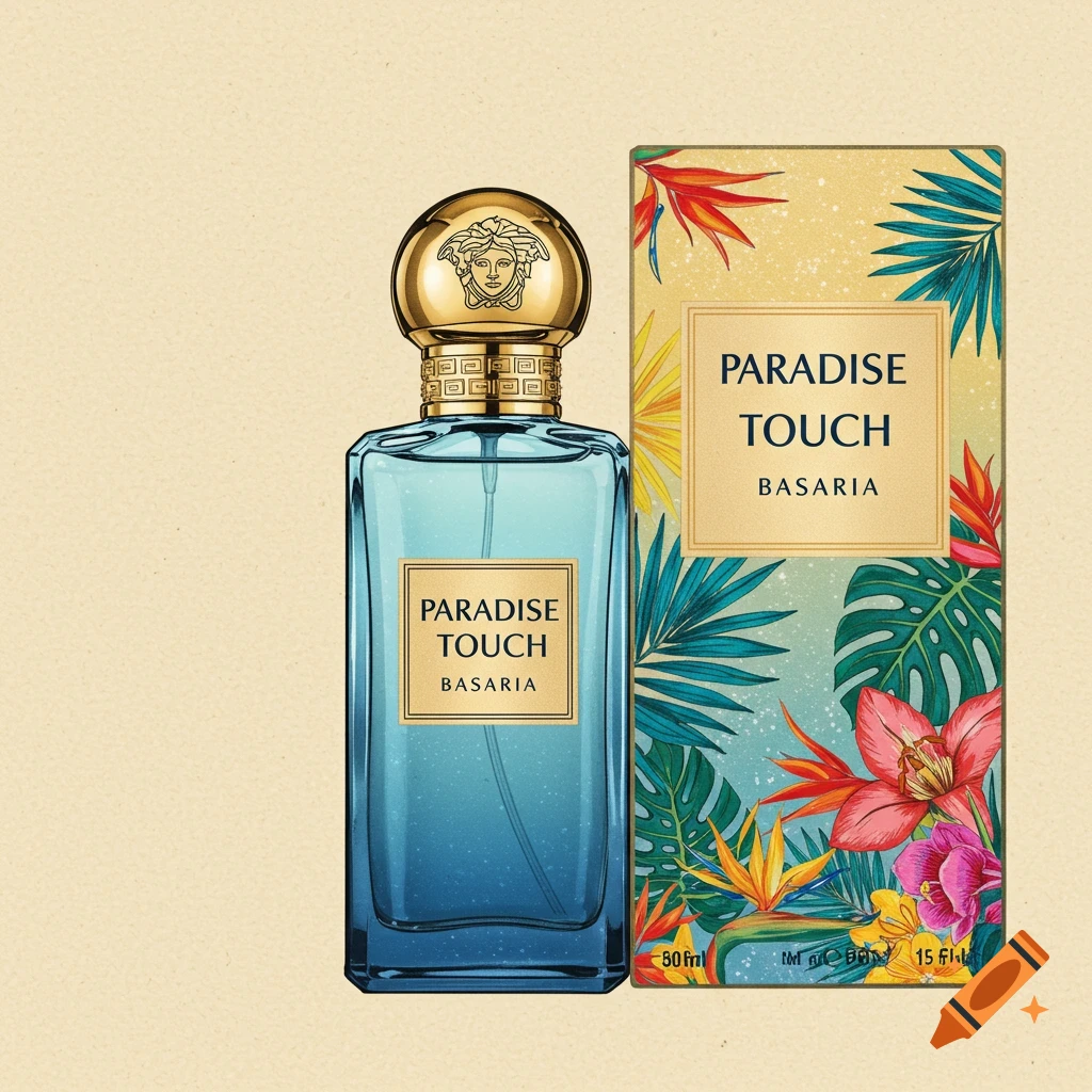 A perfume bottle and box with a tropical design. The bottle is blue with a gold cap and label. The box has vibrant tropical leaves and flowers.