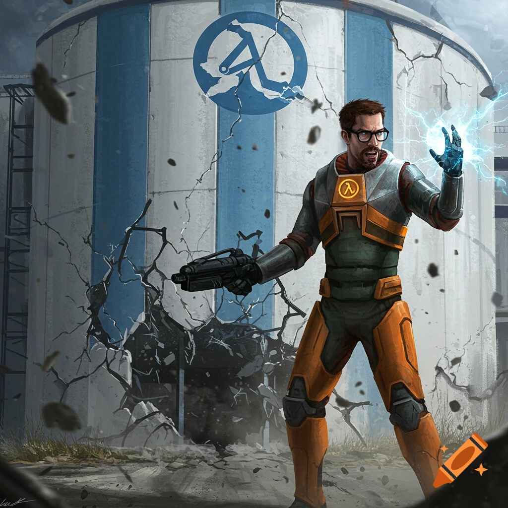 Illustration of Gordon Freeman from Half-Life destroying an Aperture Science building with electrical powers.