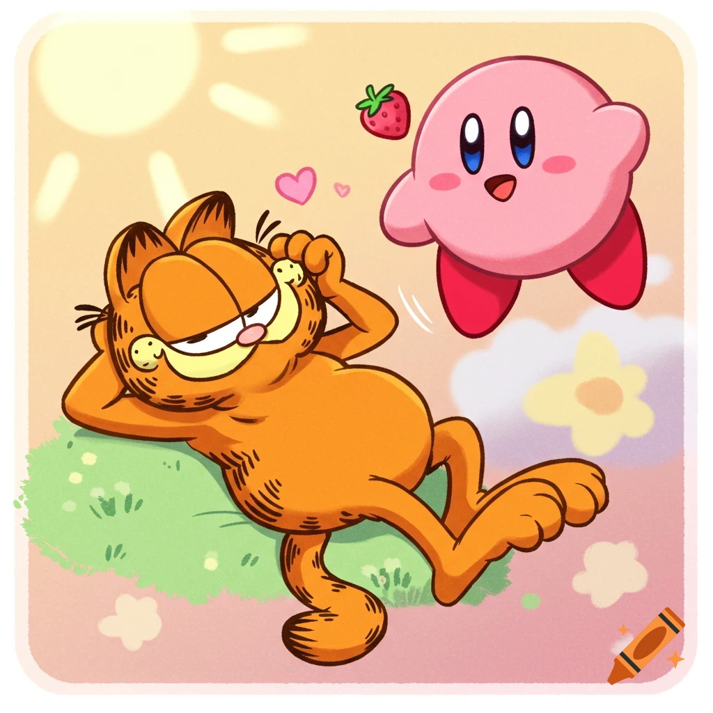 Cartoon illustration of Garfield lying on grass looking at Kirby floating with a strawberry.
