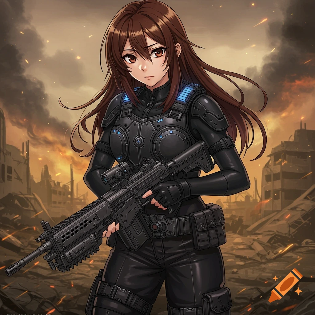 Anime girl in black military armor with a rifle in a ruined city