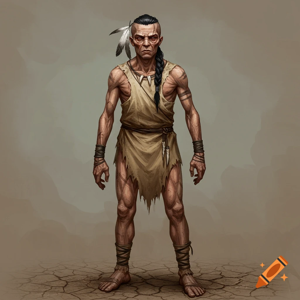 A gaunt man with dark eyes, long braid, feather, and tribal clothing.
