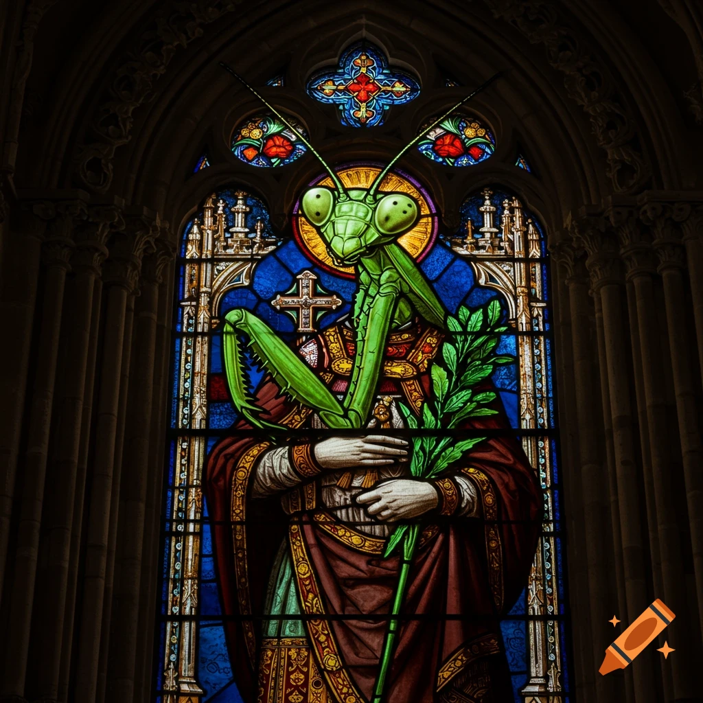 Stained glass window of a praying mantis figure in religious robes holding a branch