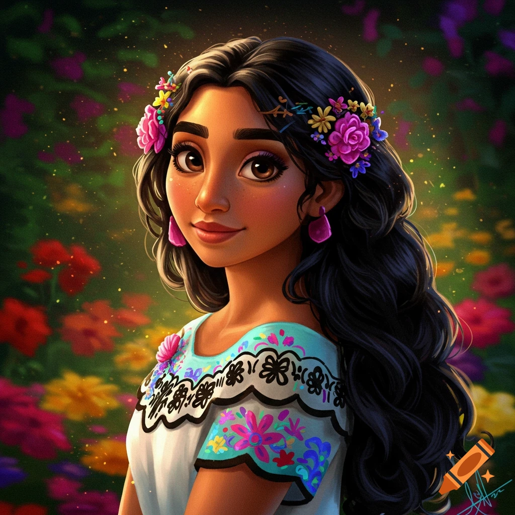 Stylized illustration of a woman with flowers in her dark hair and on her colorful dress, set against a blurry floral background.