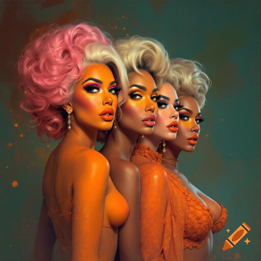 Portrait of four women with elaborate makeup, hairstyles, and orange tones