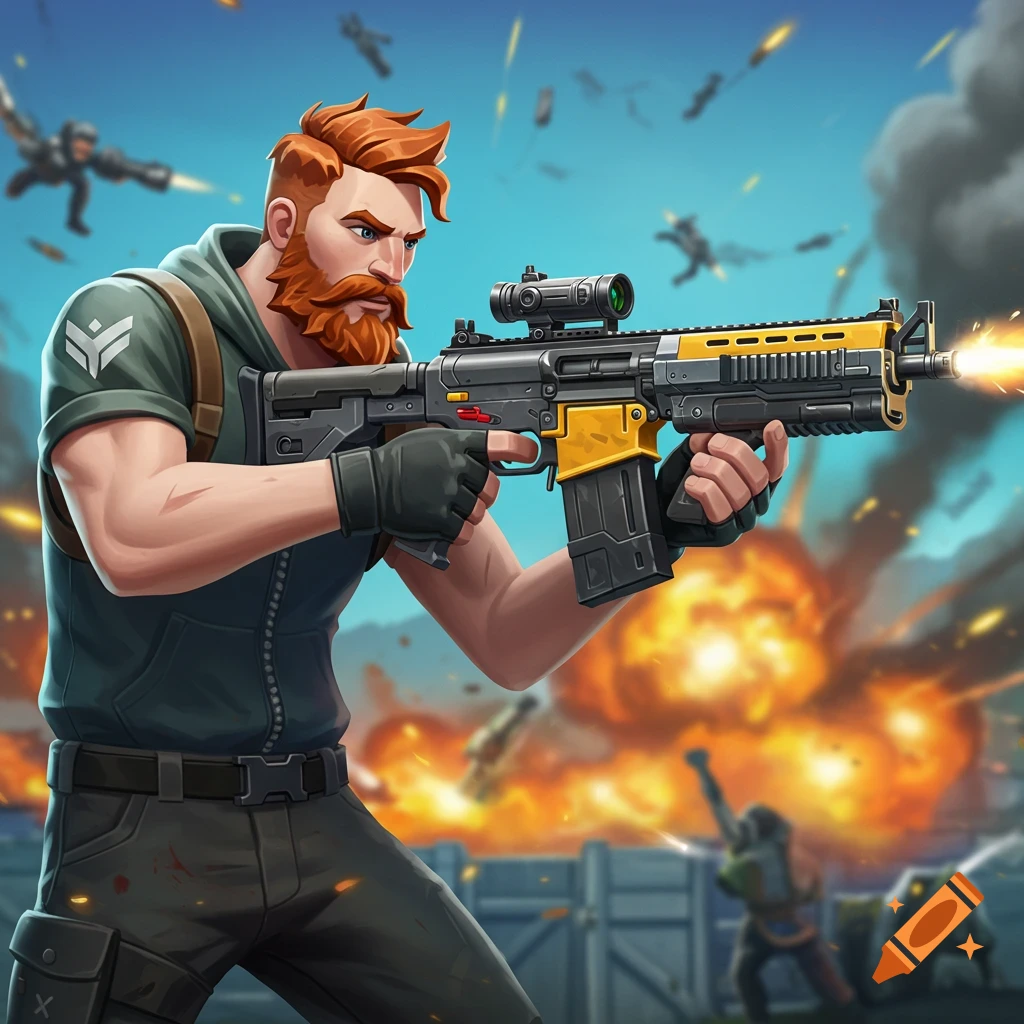 Stylized illustration of a bearded character in a firefight, aiming a rifle amidst explosions and figures.