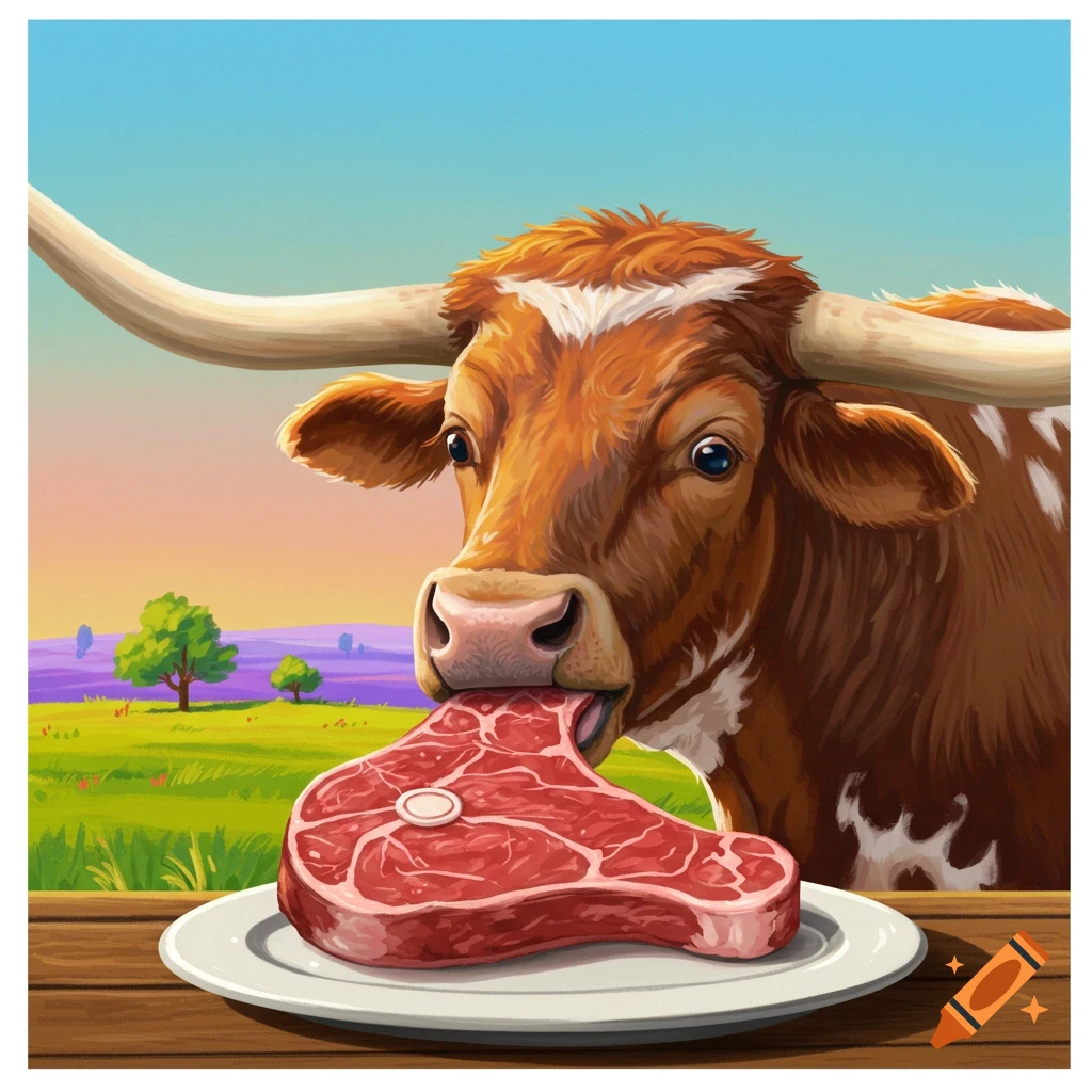 Illustrative image of a longhorn steer eating a steak off a plate in a field.