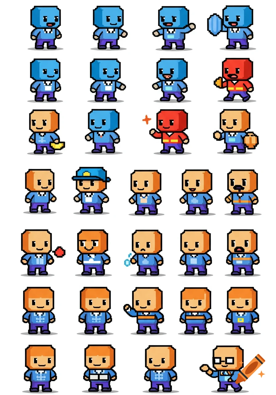Grid of colorful 8-bit pixel art characters in various poses.