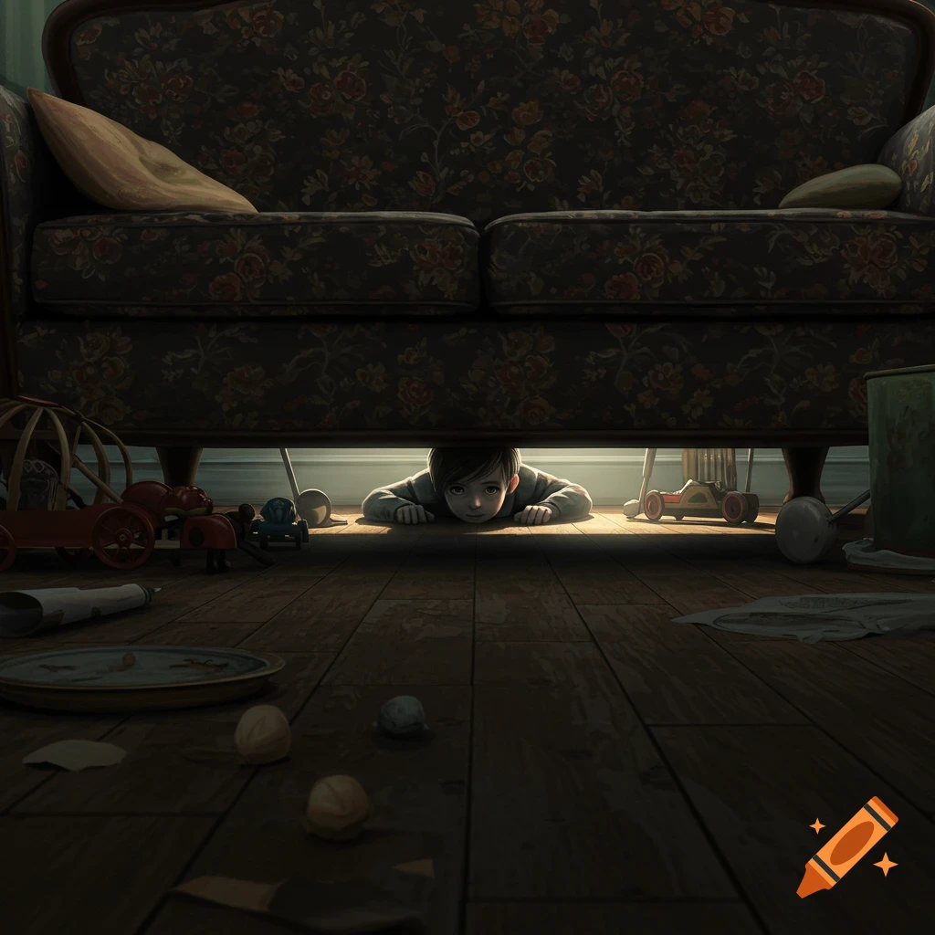 A child peeks out from under a couch, surrounded by toys on the floor.