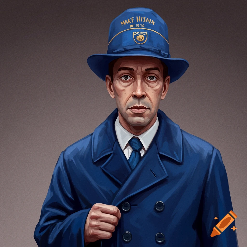 Painting of a man wearing a blue hat and coat.
