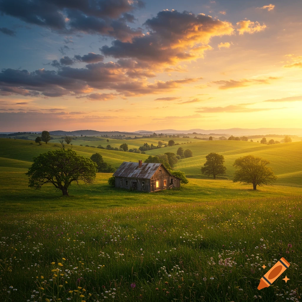 Photorealistic landscape of a dilapidated house in a grassy field at sunset, with rolling hills.