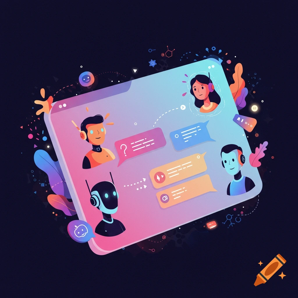Stylized illustration of a chat interface with human and robot avatars communicating