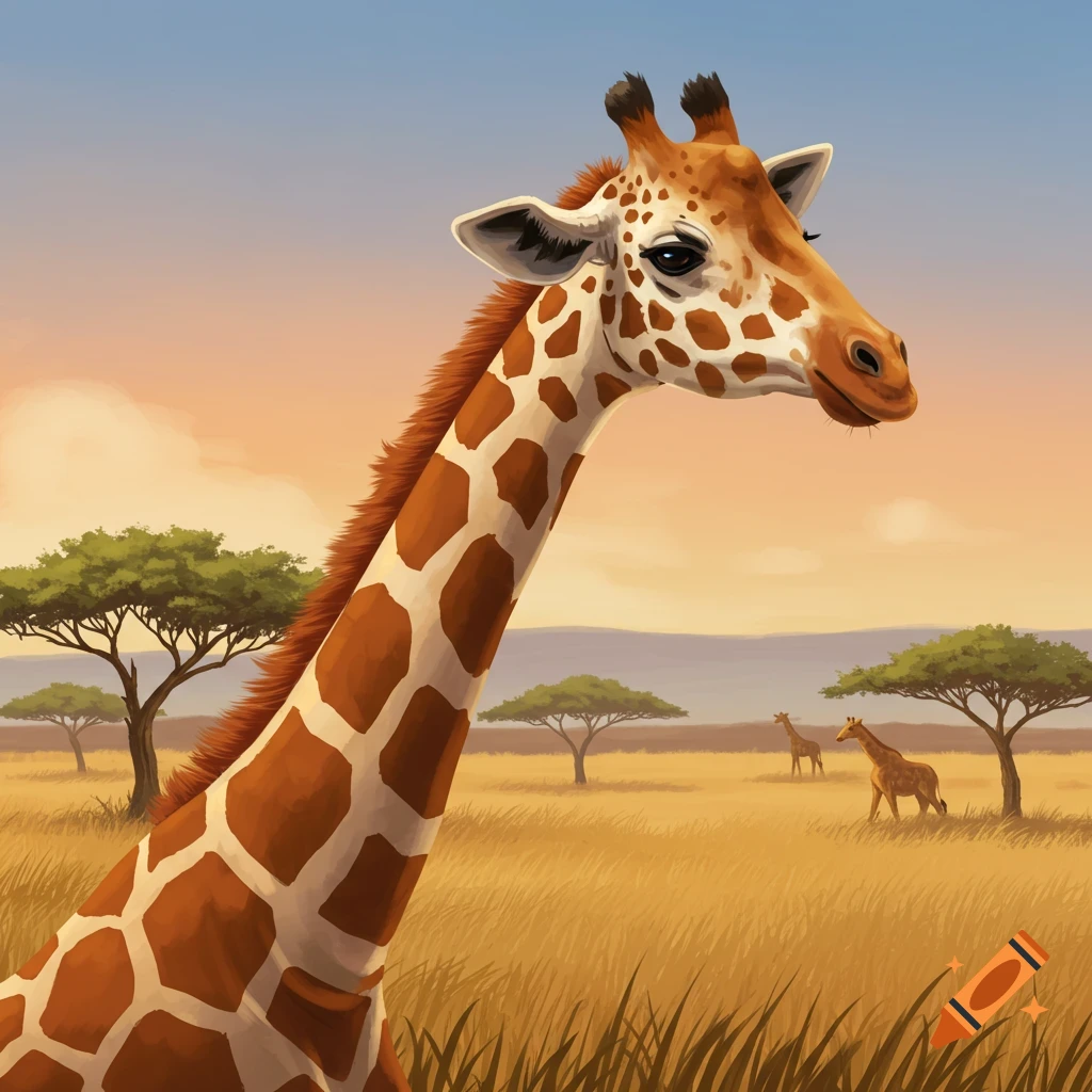 Illustration of a giraffe in a savanna landscape with acacia trees and other giraffes.