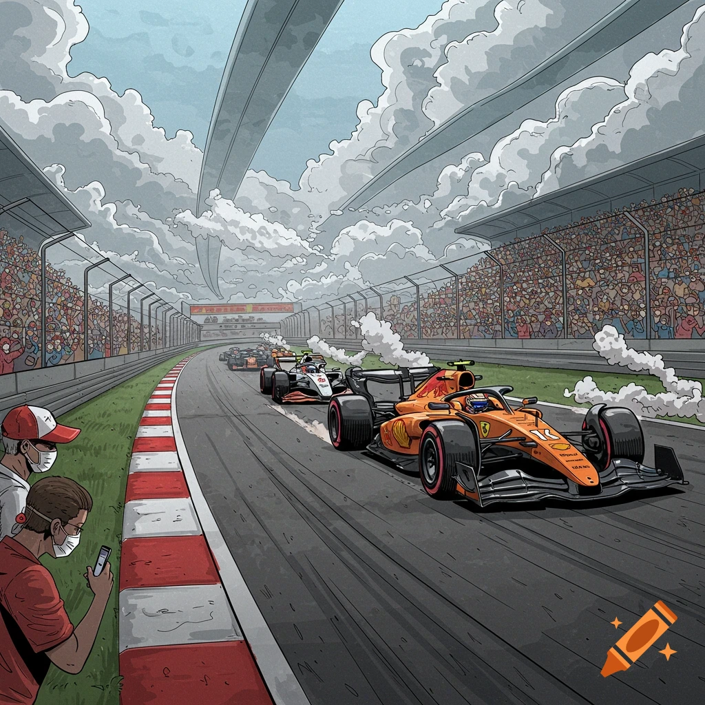 Stylized illustration of a Formula One race with cars on the track and spectators wearing masks in the stands.
