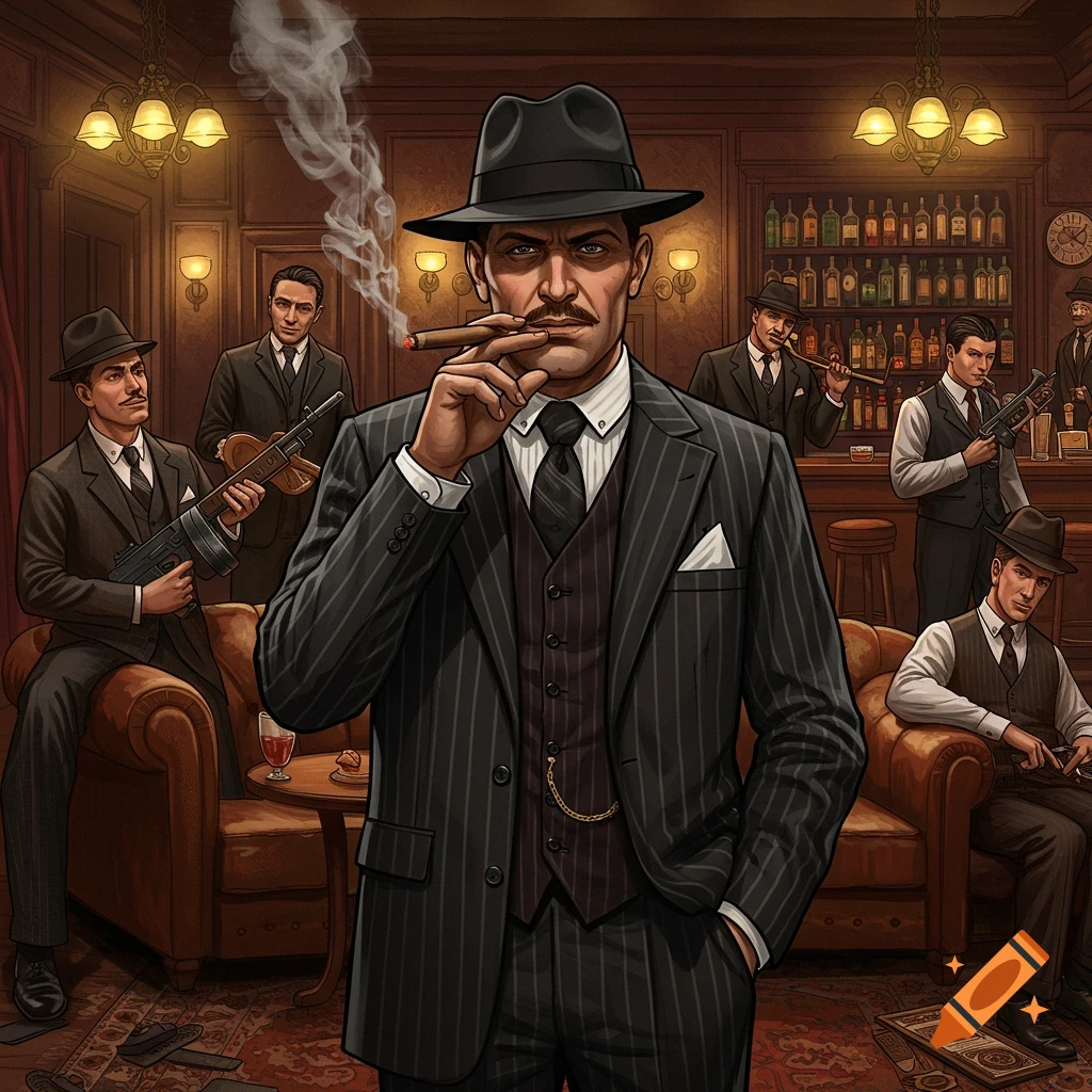 Illustration of a mafia boss smoking a cigar, standing in a speakeasy surrounded by other mobsters holding guns.