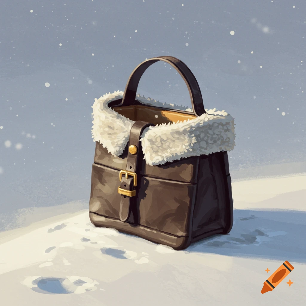 A brown leather bag with white fluffy trim sits in the snow.