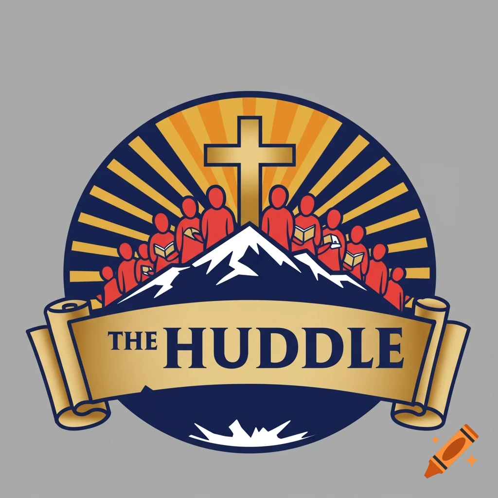 Logo with a cross, sun rays, people on a mountain, and a scroll banner that says 'THE HUDDLE'.
