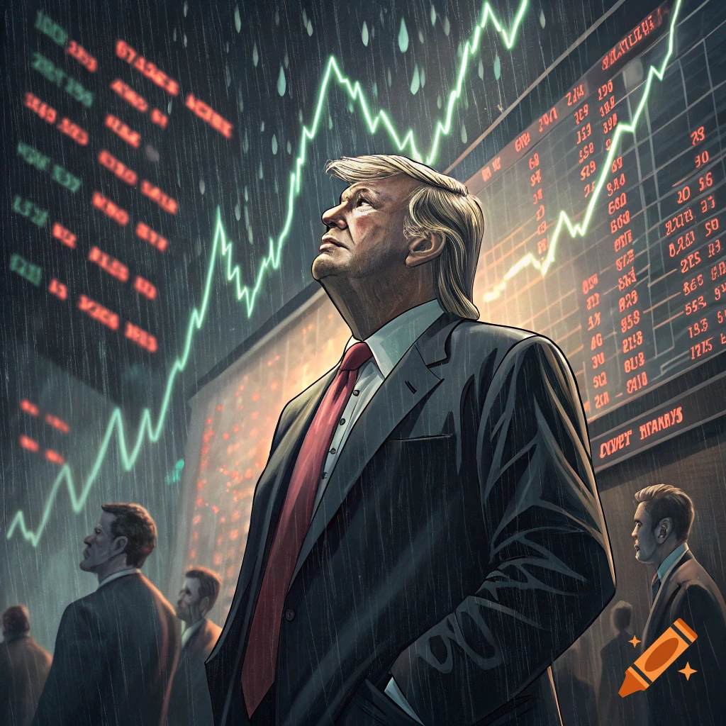 Illustration of Donald Trump in the rain looking up at a stock market graph on a large screen.