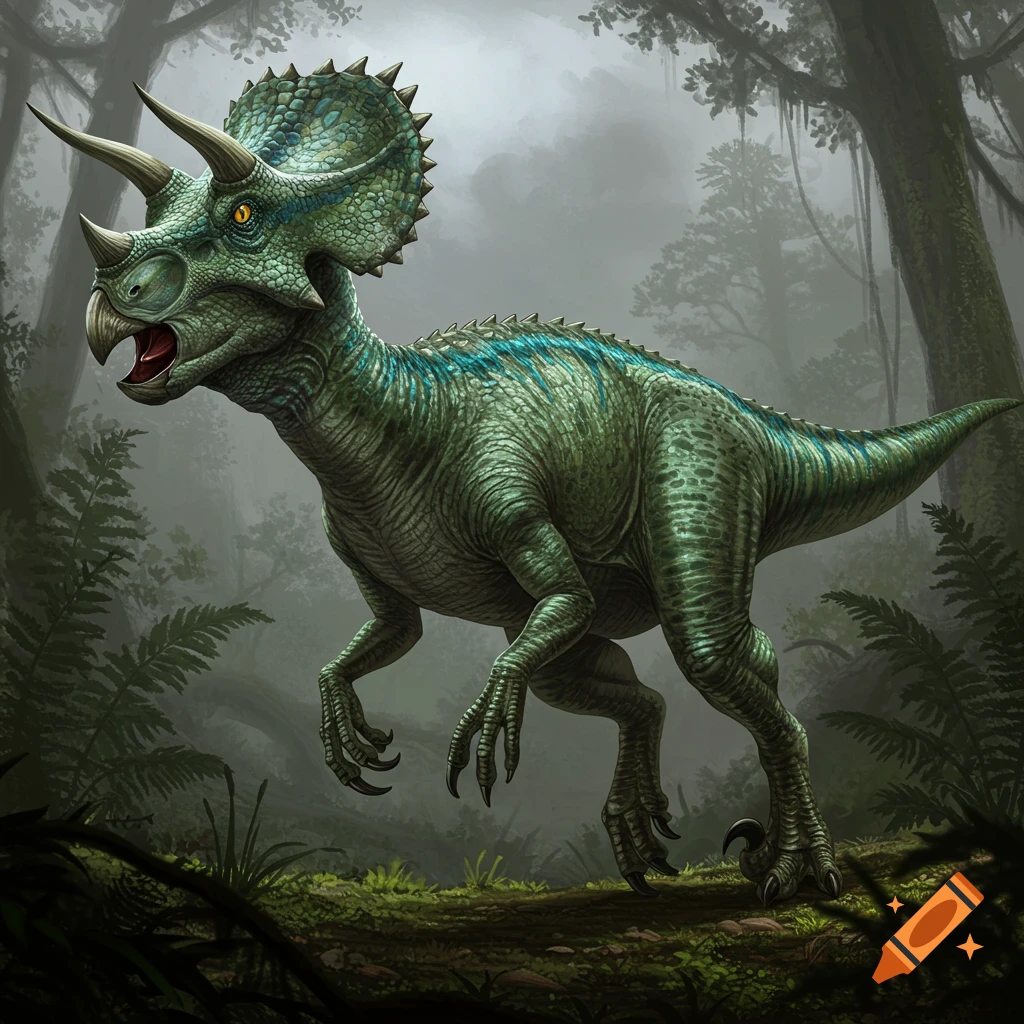 A green dinosaur hybrid with blue stripes and horns stands in a misty forest.