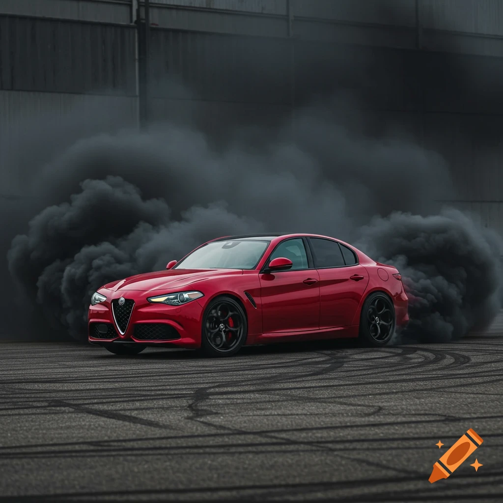 A red Alfa Romeo Giulia sedan does a burnout, leaving thick black smoke and tire marks on asphalt.