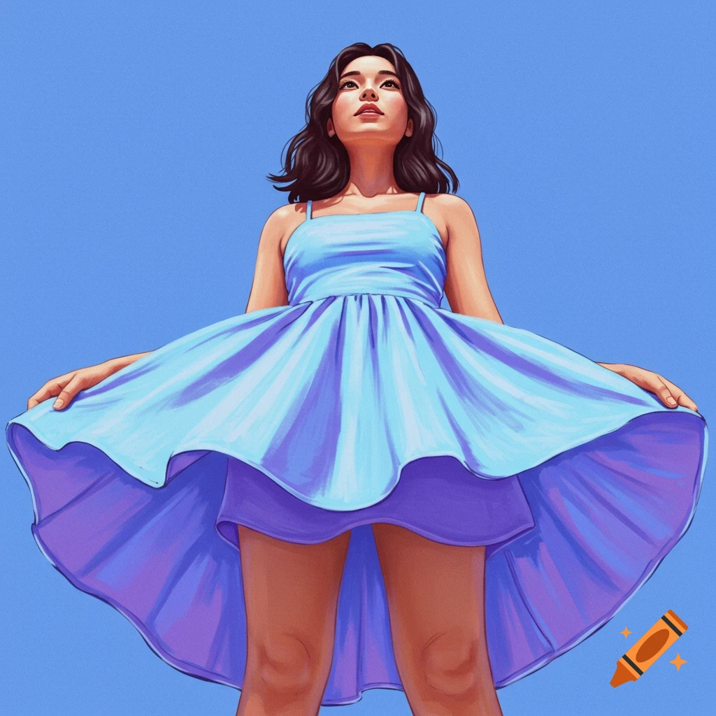 Illustration of a woman in a blue dress holding the skirt up, viewed from below against a blue sky.