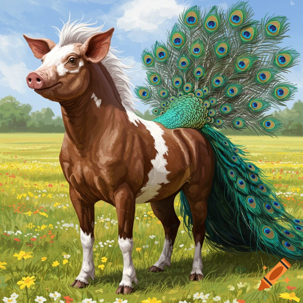 A fantastical creature with a pig's head, horse's body, and peacock's tail stands in a field of wildflowers.