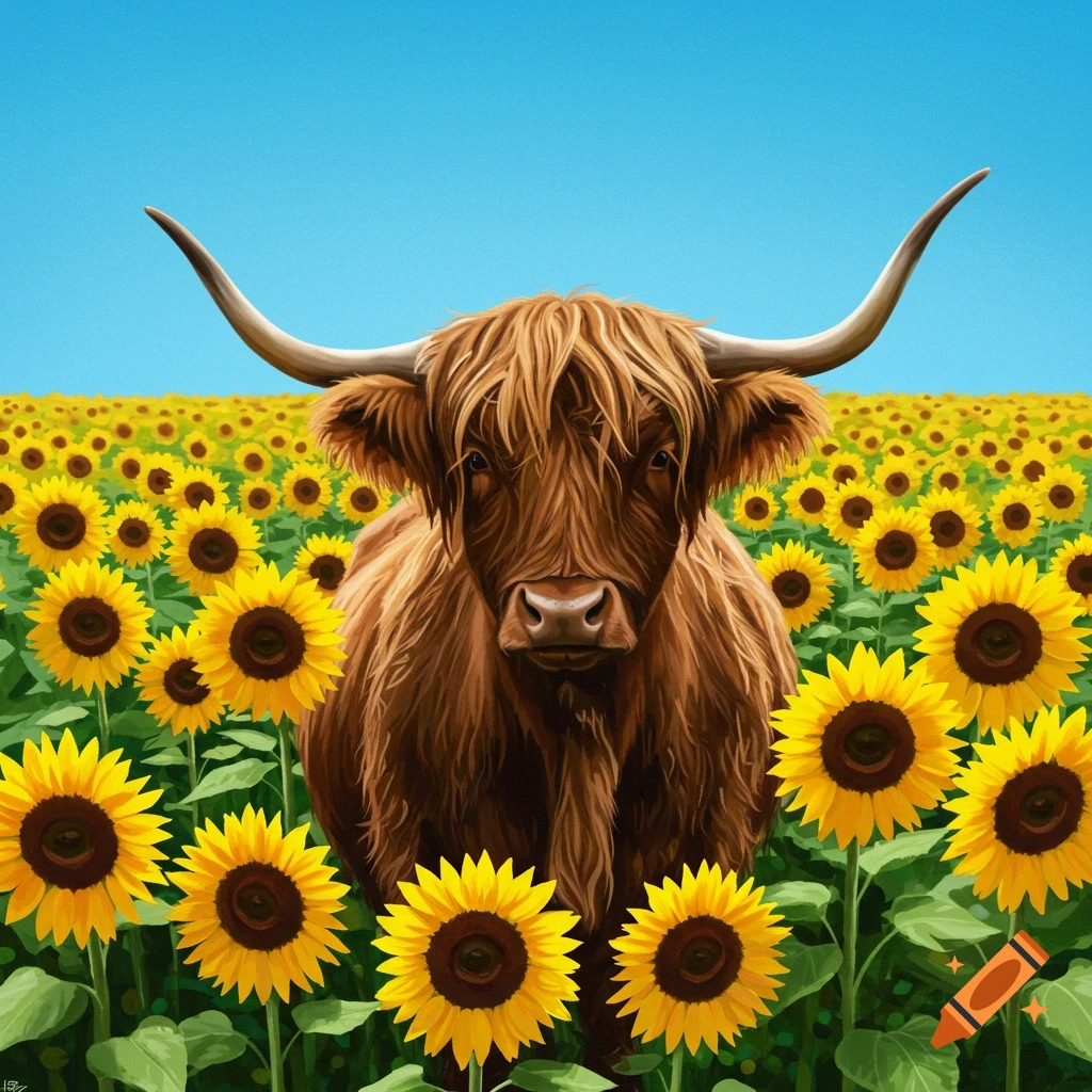 A brown Highland cow stands in a field of vibrant yellow sunflowers under a blue sky.