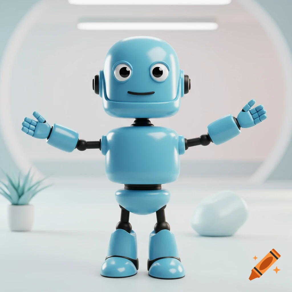 A blue cartoon 3D robot with arms spread