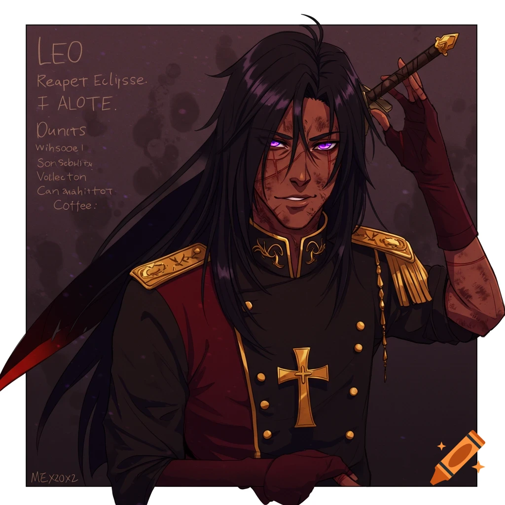 An anime-style portrait of a dark-haired man with purple eyes and scars, wearing a black and red uniform with gold trim and a large gold cross, holding a sword.