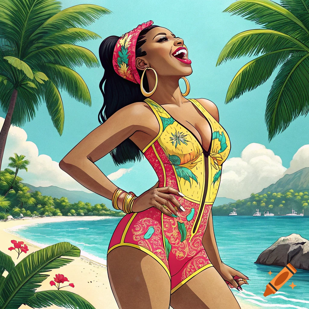 Illustration of a woman in swimwear on a tropical beach.