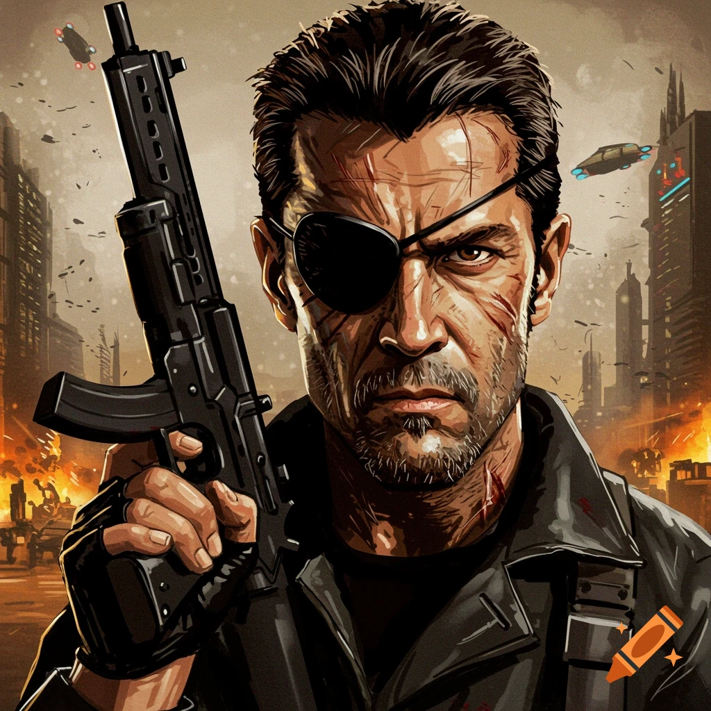 Illustration of a man with an eye patch and rifle standing in a ruined city.