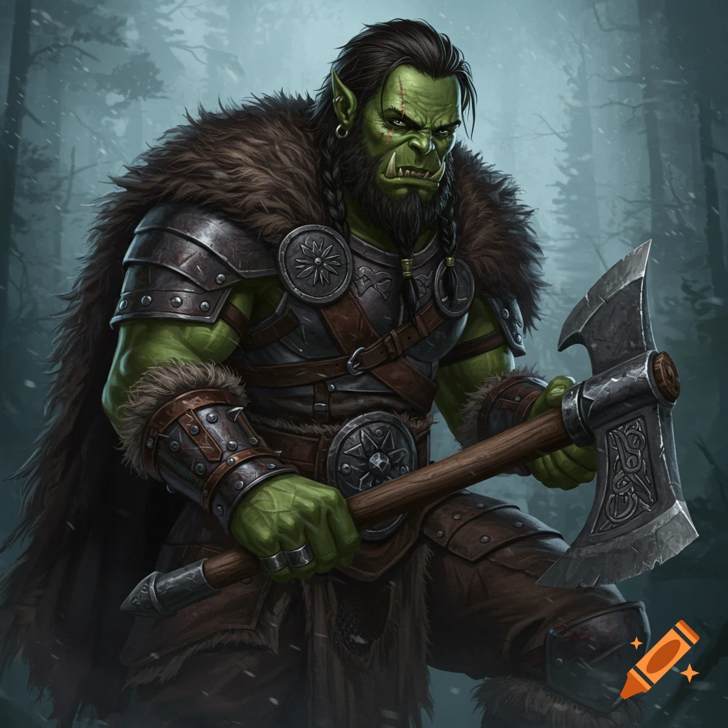 Green-skinned orc barbarian in armor holding a battle axe in a forest.