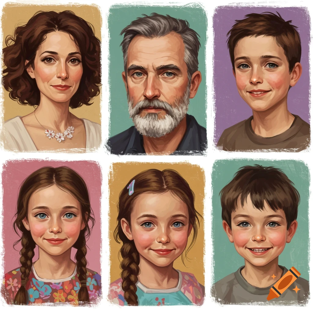 Artistic portraits of a family: mother, father, two girls, two boys.