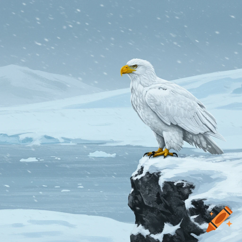 A white eagle perches on a snow-covered rock overlooking an icy arctic landscape with falling snow. Illustrated style.
