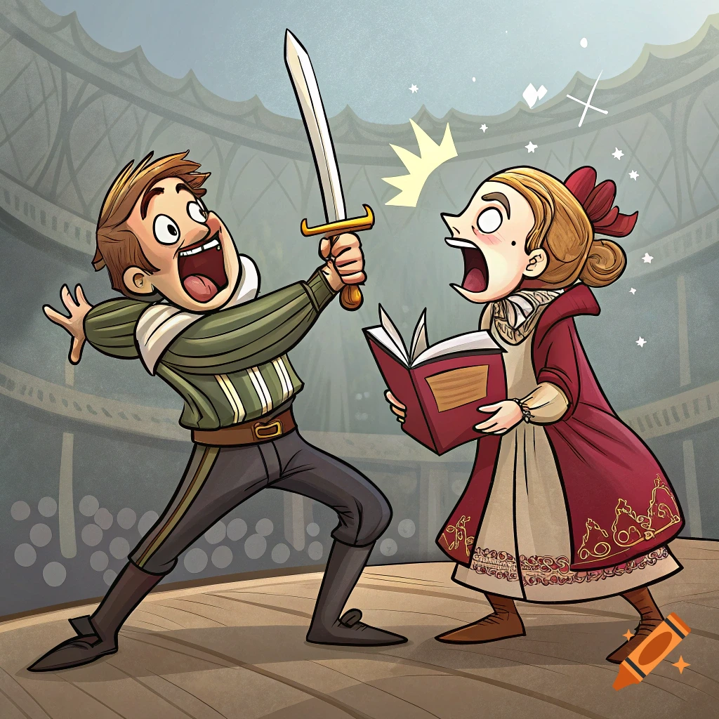 Cartoon illustration of two characters on a theatre stage, one with a sword and one with a book, reacting with surprise.