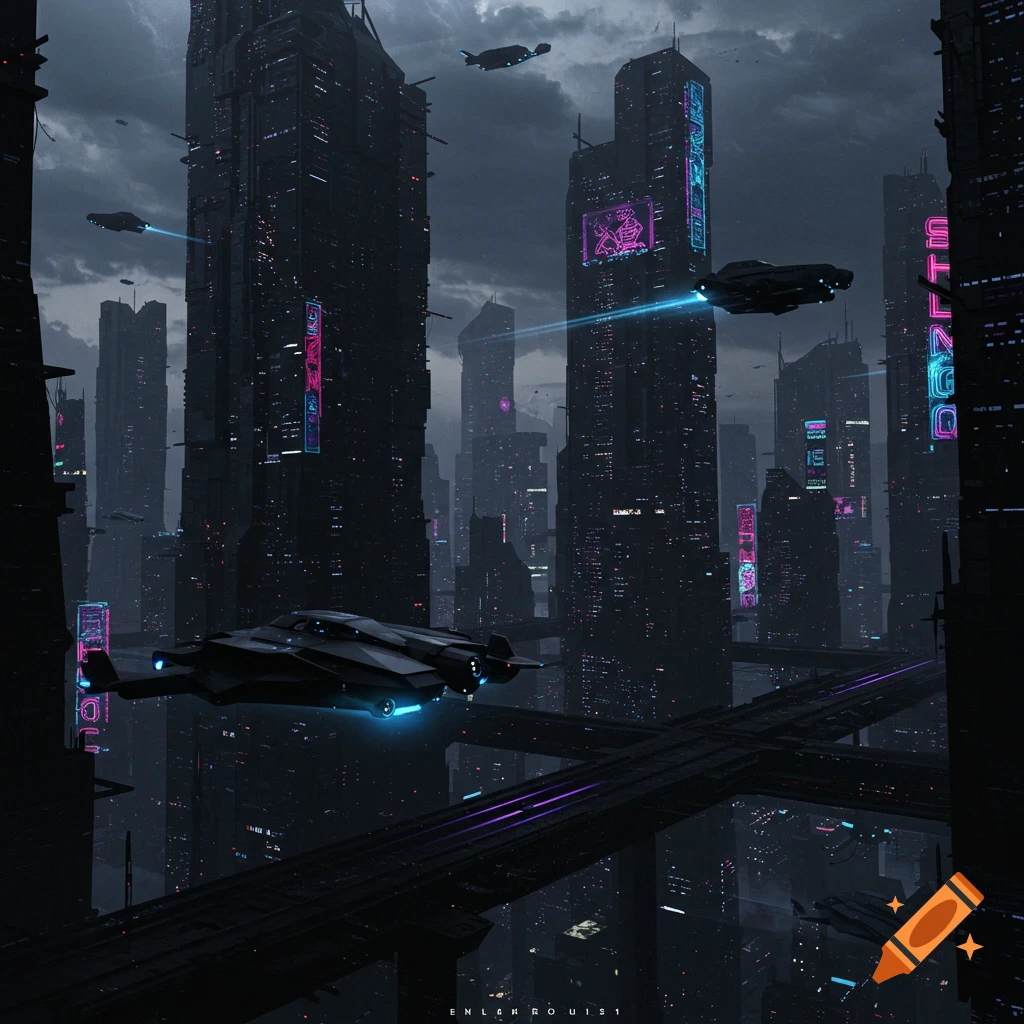 Dark futuristic city with tall buildings, neon signs, and flying ships.