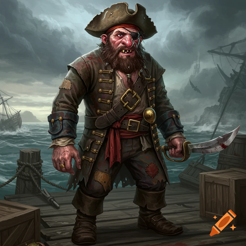 Detailed fantasy illustration of an ugly pirate standing on a dock, holding a bloody sword.