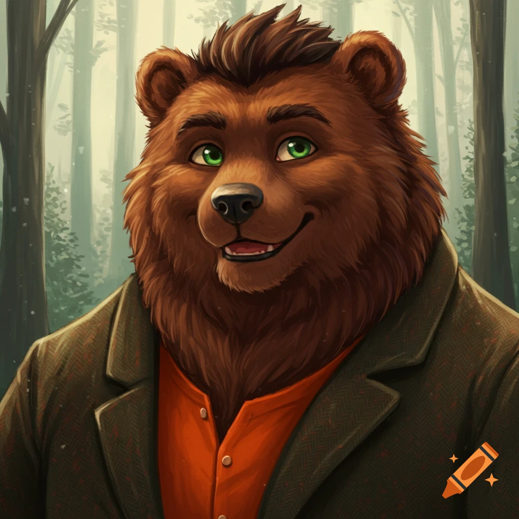 Illustration of a friendly anthropomorphic brown bear in a jacket smiling in a forest.